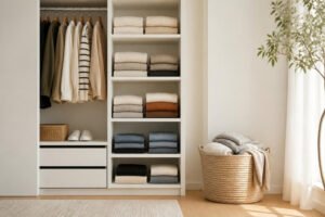 Guarda-roupa minimalista organizado com roupas dobradas e caixa de doação