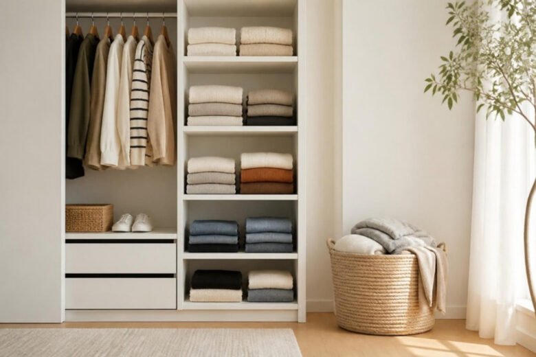 Guarda-roupa minimalista organizado com roupas dobradas e caixa de doação