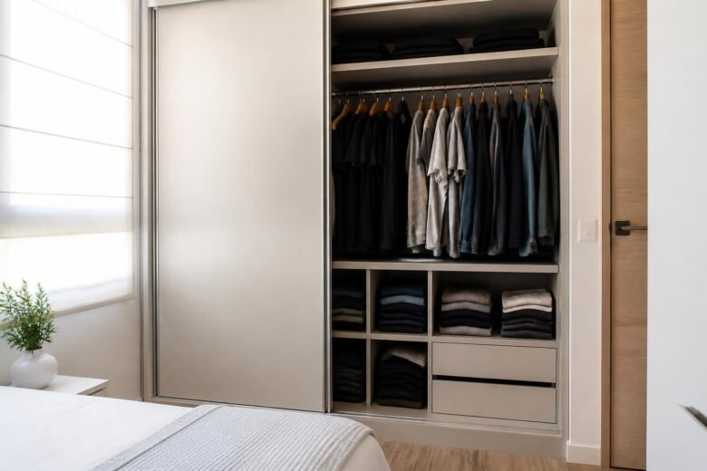 Armário embutido de quarto de solteiro organizado, roupas dobradas e penduradas