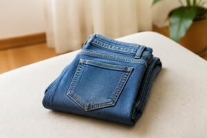 Calça jeans limpa e dobrada, sem chiclete