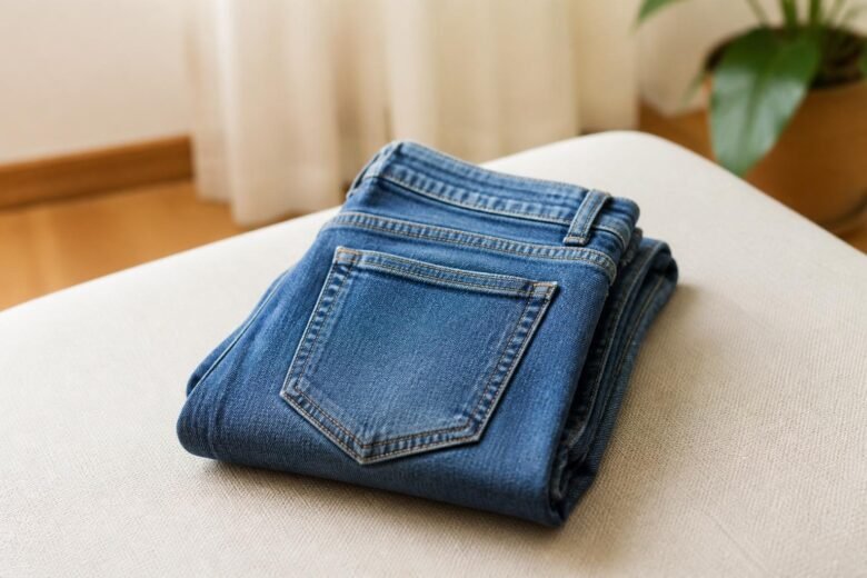 Calça jeans limpa e dobrada, sem chiclete