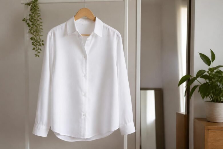 Camisa branca de algodão limpa, sem manchas, pendurada em cabide