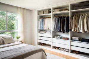 Guarda-roupa embutido aberto com roupas organizadas, ambiente arejado