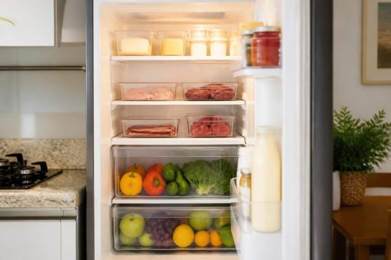 Geladeira organizada por zonas de temperatura, com laticínios, carnes, frutas e verduras separados