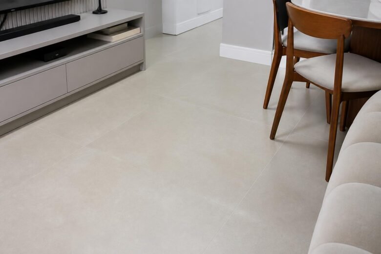 Piso de porcelanato acetinado limpo, sem marcas de água
