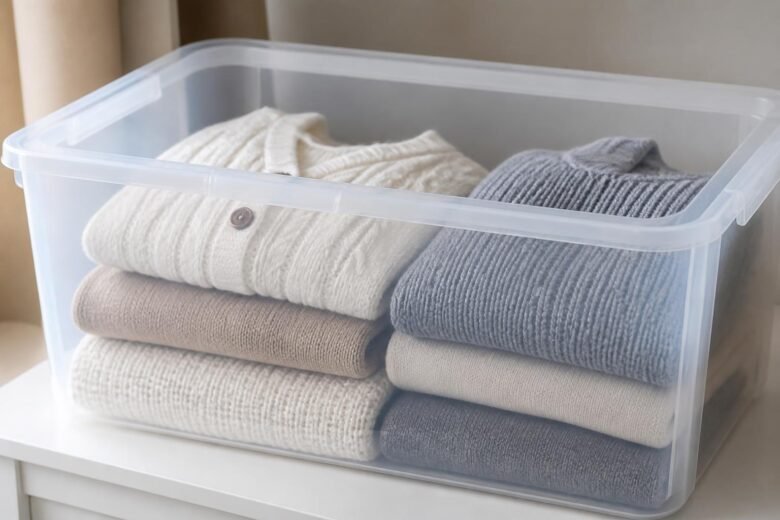 Roupas de inverno dobradas e guardadas em caixa organizadora