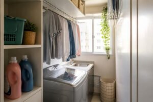 Área de serviço pequena organizada com prateleiras e roupas