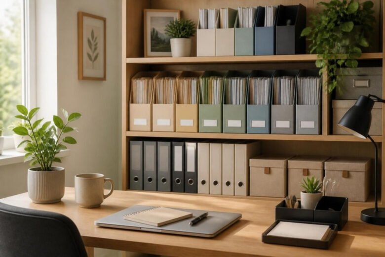 Mesa de escritório com documentos e pastas organizadas em prateleira