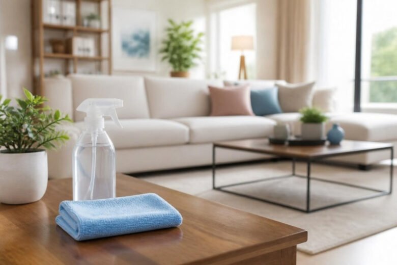 Sala de estar limpa com produtos de limpeza organizados sobre a mesa